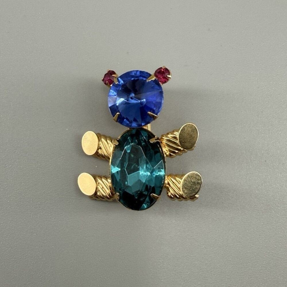 Vintage Rhinestone Teddy Bear Brooch Blue Teal Pink Gold Tone Figural Pin